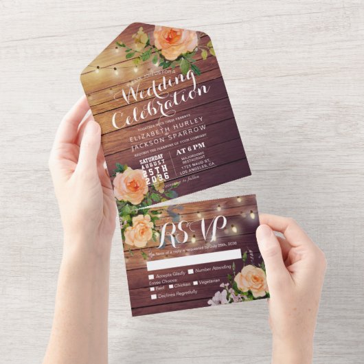 Peach Rose Rustic Wood String Lights Wedding RSVP All In One Einladung (Abreißen)