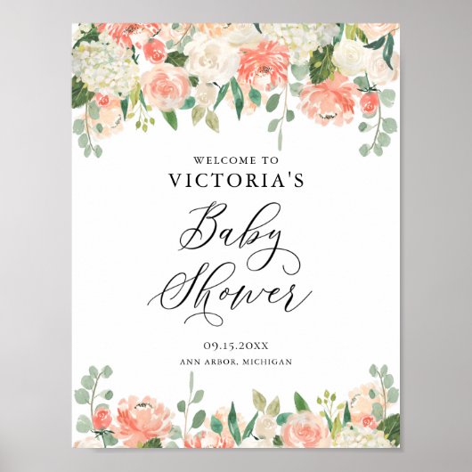 Peach Rose und Hydrangeas Babydusche Begrüßung Poster (Vorne)
