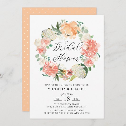 Peach-Rose und Hydrangeas-Wreath-Brautparty Einladung (Vorne/Hinten)
