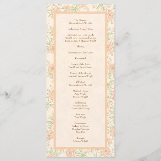 Peach Rose Wedding Programs Menükarte (Rückseite)