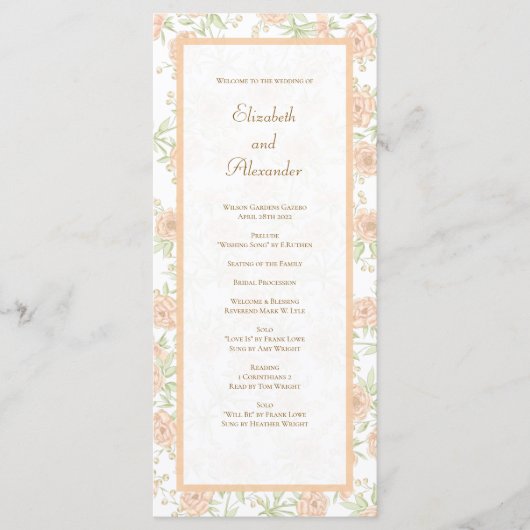 Peach Rose Wedding Programs Menükarte (Vorderseite)