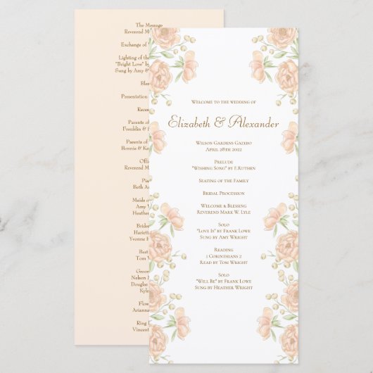 Peach Rose Wedding Programs Menükarte (Vorne/Hinten)