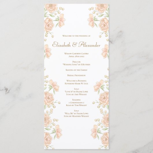 Peach Rose Wedding Programs Menükarte (Vorderseite)