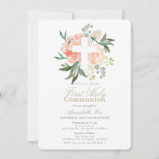 Peach Rose Weiße Kreuzmädchen Erste Heilige Kommun Einladung (Vorderseite)