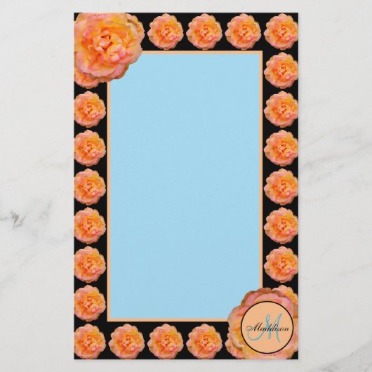 Peach Rose with Blue on Black Background Briefpapier (Vorderseite)