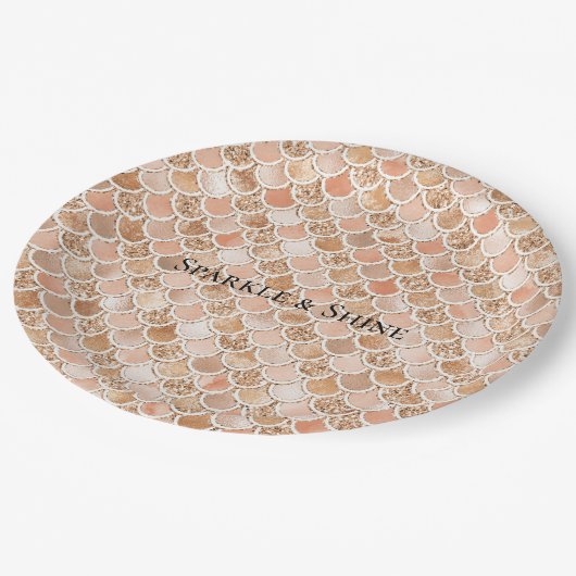 Peach Rosen Blush Gold Glitzer Mermaid Pappteller (Schrägansicht)