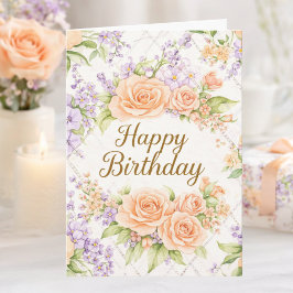 Peach Roses Cottagecore Floral Happy Birthday Karte