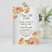Peach Roses Floral Silver Glitter Elegant Wedding Save The Date (Stehend Vorderseite)