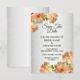 Peach Roses Floral Silver Glitter Elegant Wedding Save The Date