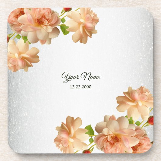 Peach Roses Floral Silver Glitter Wedding Party Getränkeuntersetzer (Vorderseite)