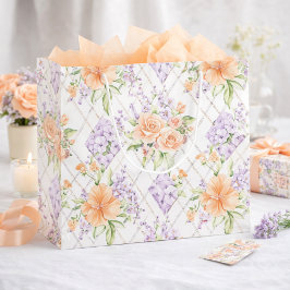 Peach Roses Lavender Cottagecore Floral Pattern Große Geschenktüte