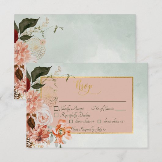 Peach & Rust Blume auf Grüner Hochzeit RSVP Karte (Vorne/Hinten)