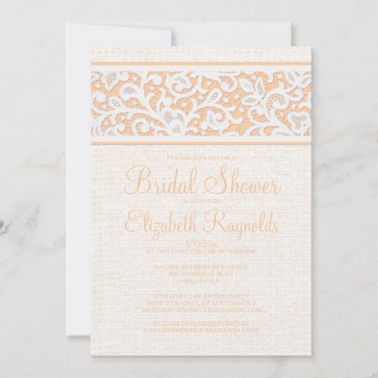 Peach Rustic Burlap Linen Bridal Dusche Einladung (Vorderseite)