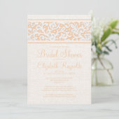 Peach Rustic Burlap Linen Bridal Dusche Einladung (Stehend Vorderseite)