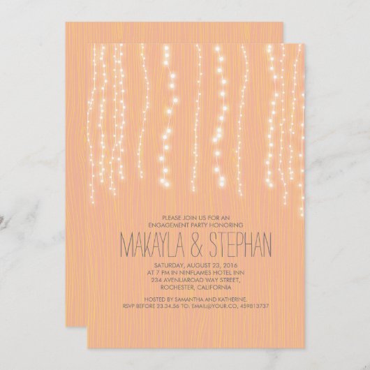 Peach Rustic String of Lights Engagement Party Einladung (Vorne/Hinten)