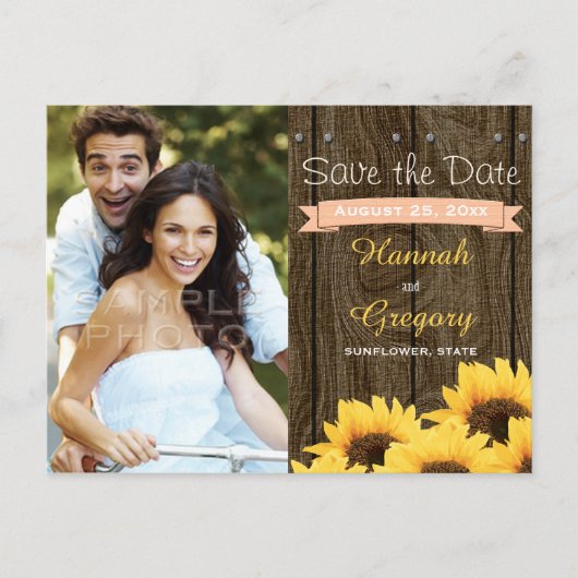 PEACH RUSTIC SUNFLOWER SAVE THE DATE POSTCARD ANKÜNDIGUNGSPOSTKARTE (Vorderseite)