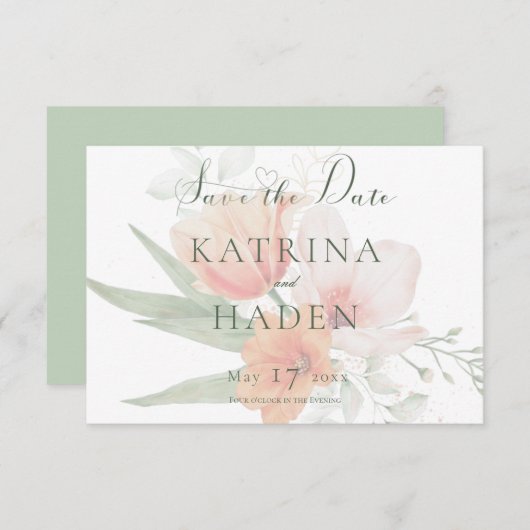 Peach & Sage Green Blume Hochzeit Save The Date (Vorne/Hinten)