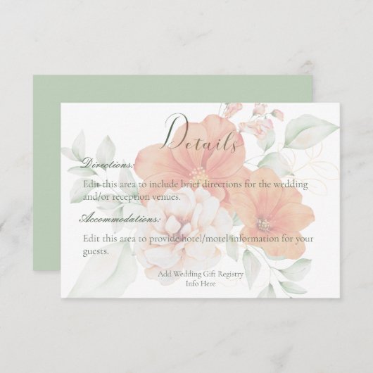 Peach & Sage Green Blume Hochzeitdetails Begleitkarte (Vorne/Hinten)