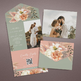 Peach Sage Green Floral QR Code Hochzeit All In One Einladung