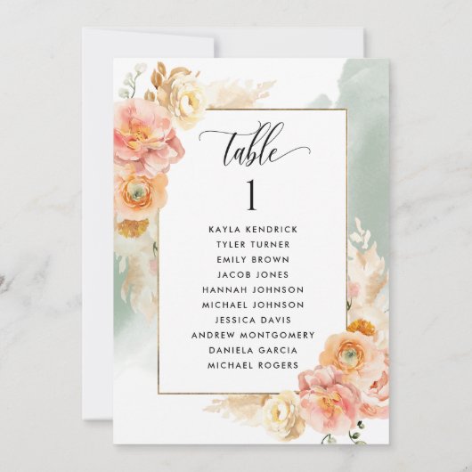 Peach, Sage Seating Plan Cards mit Gästennamen (Rückseite)