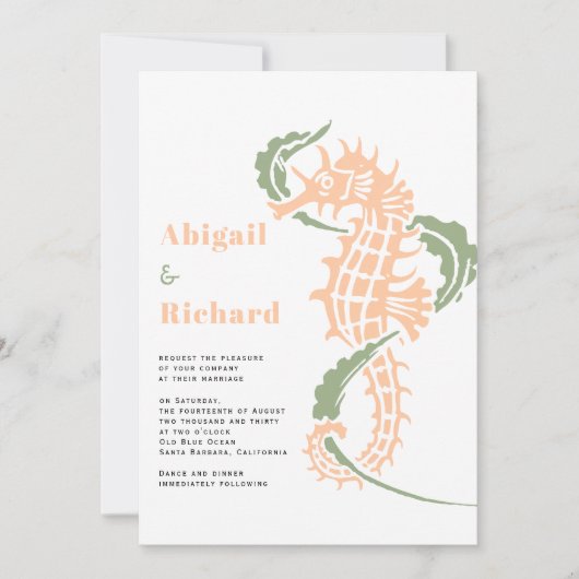 Peach Seepferd mit Salbei-Algenhochzeit Einladung (Vorderseite)