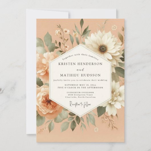 Peach Serene Flora Wedding Einladung (Vorderseite)