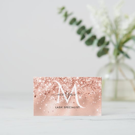 Peach Shimmer Glitzer Rose Gold Monogram Visitenkarte (Stehend Vorderseite)