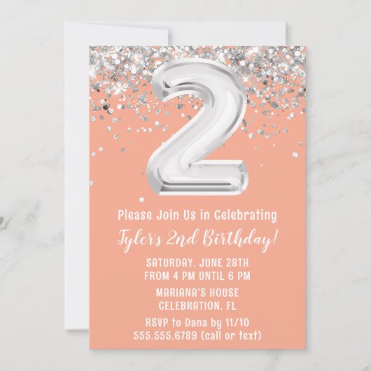 Peach Silver 2. Geburtstag Party Einladung (Vorderseite)