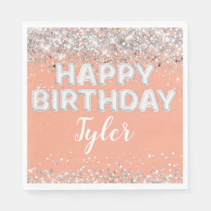 Peach Silver Birthday Party Serviette