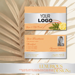 Peach Silver Deco Rose Blume mit Logos und Foto Visitenkarte