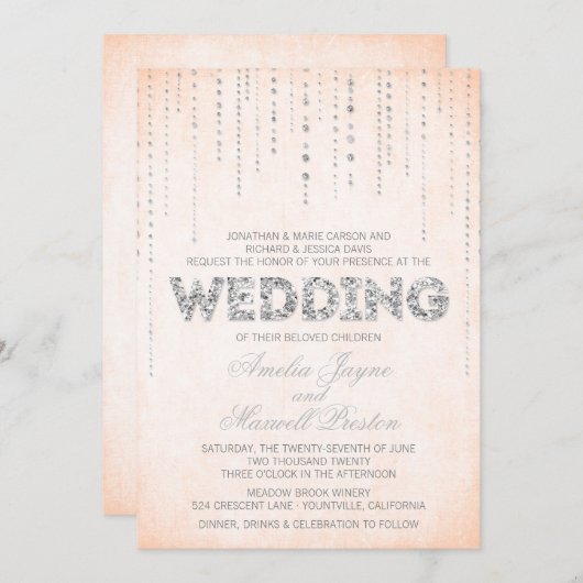 Peach & Silver Glitzer Einladung Hochzeit aussehen (Vorne/Hinten)