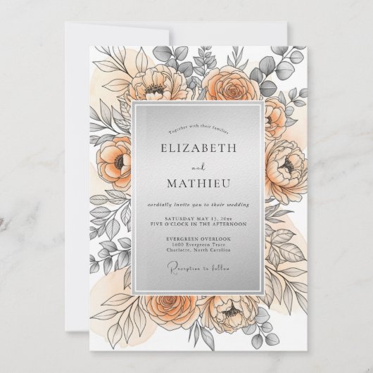 Peach Silver Refined Spring Wedding Einladung (Vorderseite)