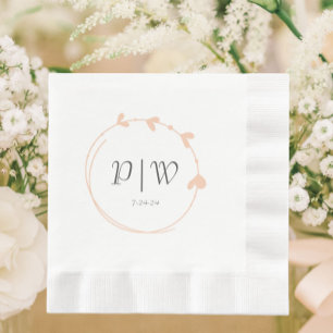 Peach Simple Heart Wreath Monogram Wedding Serviette