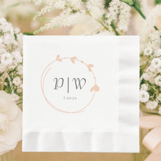 Peach Simple Heart Wreath Monogram Wedding Serviette