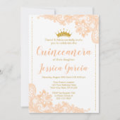 Peach Spitzen und Glitzer Gold Prinzessin Quinceañ Einladung (Vorderseite)