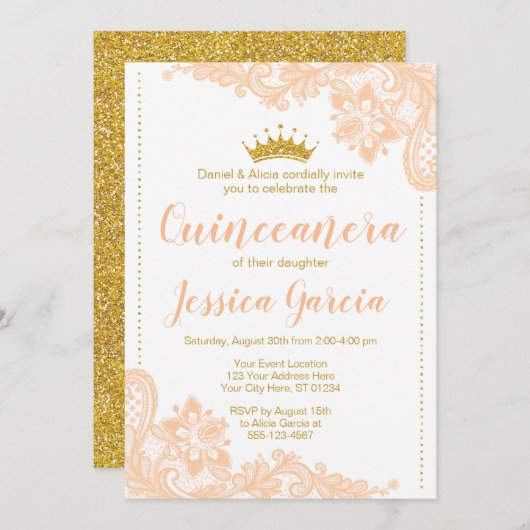 Peach Spitzen und Glitzer Gold Prinzessin Quinceañ Einladung (Vorne/Hinten)