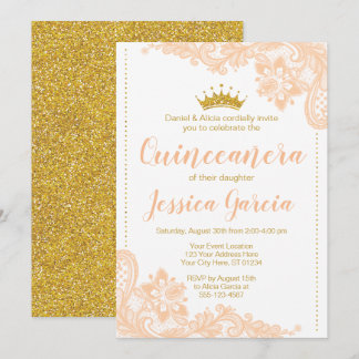 Peach Spitzen und Glitzer Gold Prinzessin Quinceañ Einladung
