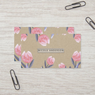 Peach Spring Watercolor Tulips Rustic Kraft Chic Visitenkarte