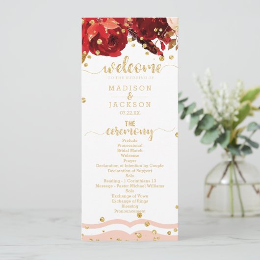 Peach Stripe Floral Gold Confetti Wedding Programm (Stehend Vorderseite)
