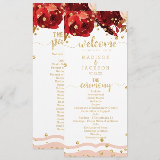 Peach Stripe Floral Gold Confetti Wedding Programm (Vorne/Hinten)