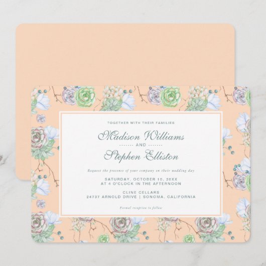 Peach Succulents Floral Watercolor - Hochzeit Einladung (Vorne/Hinten)