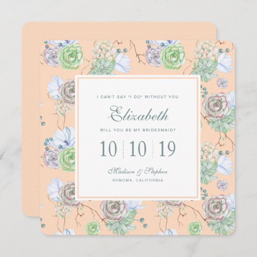Peach Succules Floral Watercolor - Bridesmaid Einladung (Vorne/Hinten)
