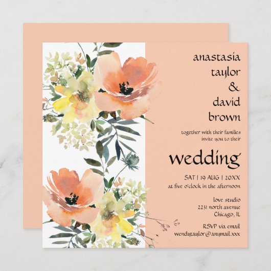 Peach Summer Floral Square Hochzeitseinladung Einladung (Vorne/Hinten)