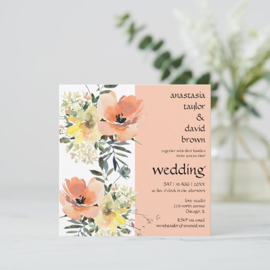 Peach Summer Floral Square Hochzeitseinladung Einladung (Stehend Vorderseite)