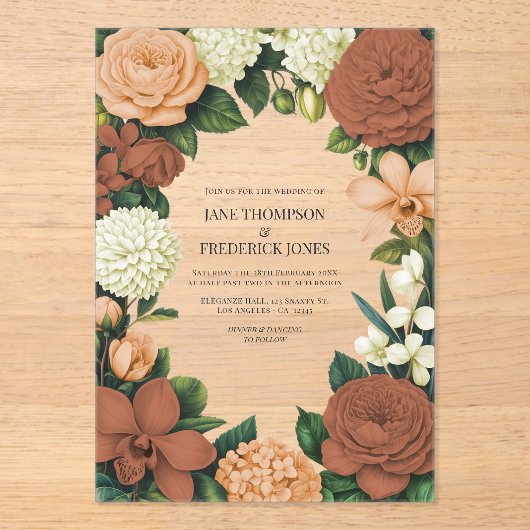 Peach, Terracotta & Cream Floral Wedding Acryleinladungen (Vorderseite)