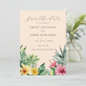 Peach Tropical Blume Grüne Foto Hochzeit Save The Date (Stehend Vorderseite)