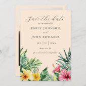 Peach Tropical Blume Grüne Foto Hochzeit Save The Date (Vorne/Hinten)
