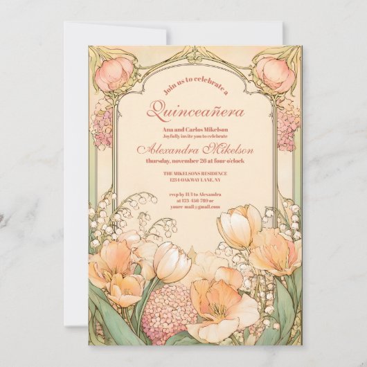 Peach Tulip Quinceañera Celebration Einladung (Vorderseite)
