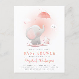 Peach Umbrella Elephant & Bunny Girl Baby Dusche Einladungspostkarte
