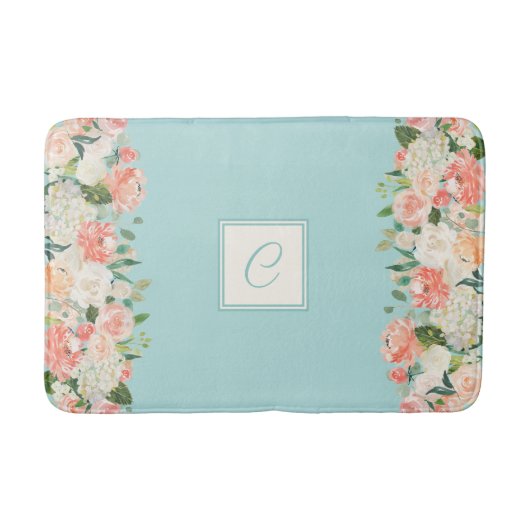 Peach und Aqua Wasserfarbenfloral mit Monogramm Badematte (Vorderseite)